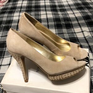Nine West Blush Nude Suede Peep-Toe Heels with Studded Platform